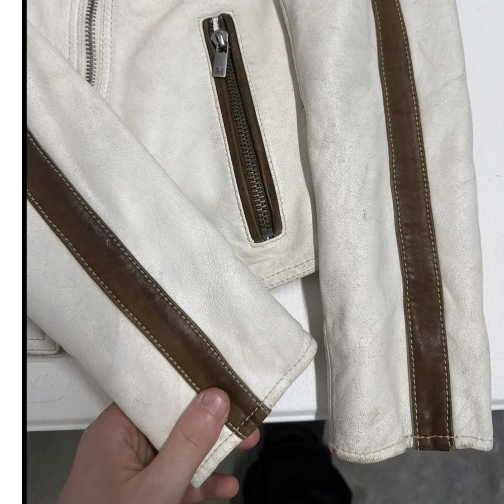 MICHAEL KORS Women Moto Jacket White Brown Leather Biker‎ Style Size M